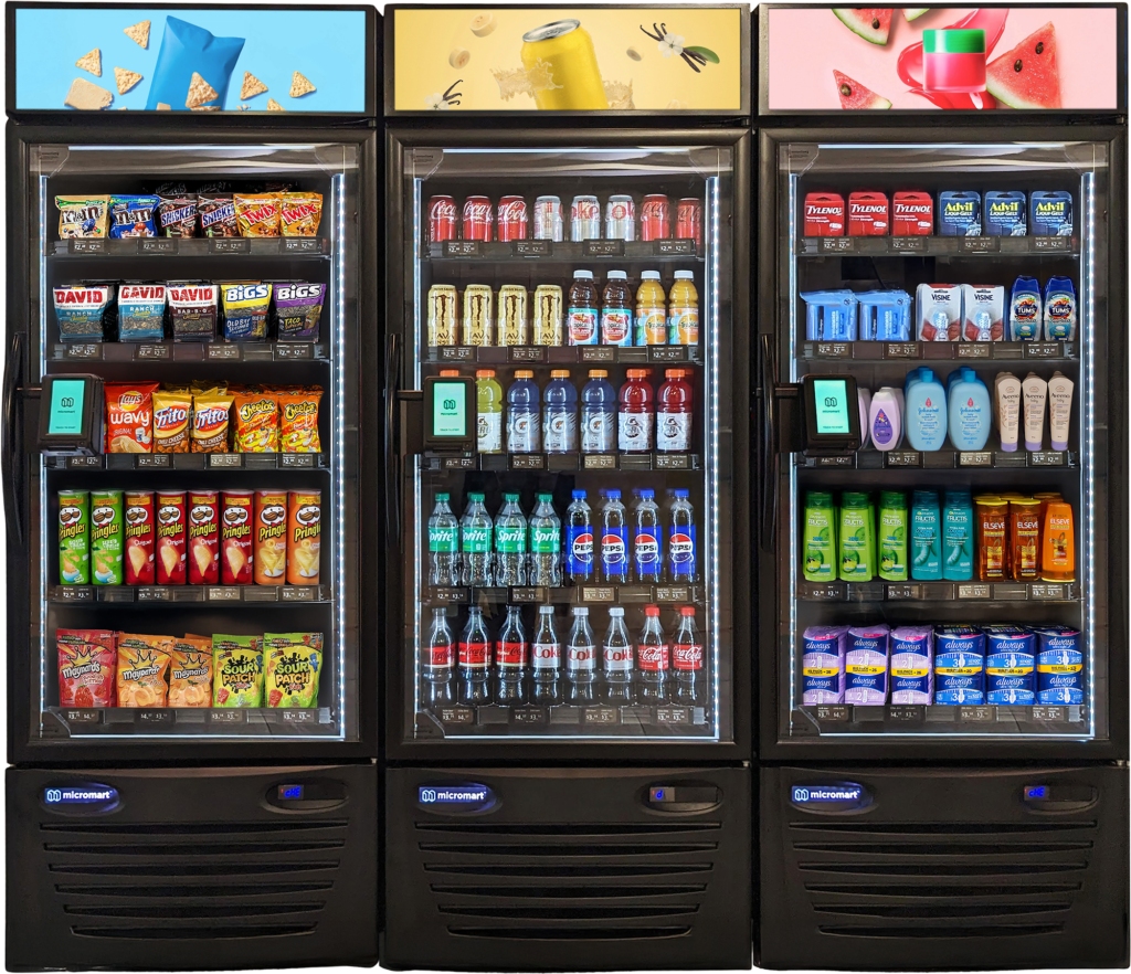 Three refrigerators displaying a variety of drinks, including sodas, juices, and bottled water.