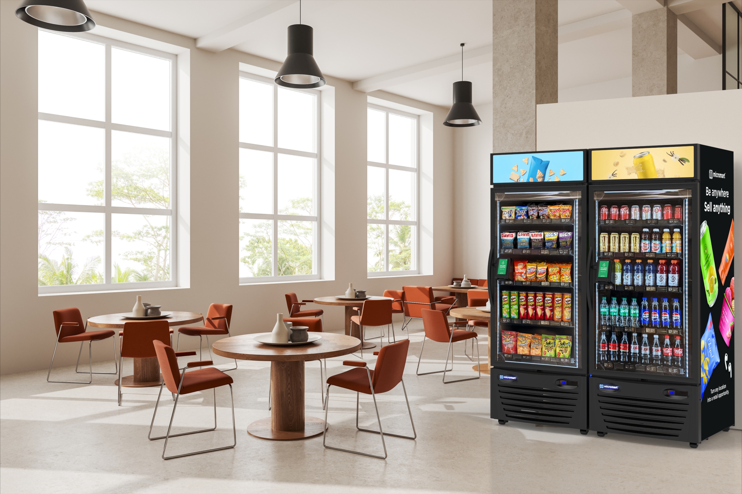 A vending machine filled with beverages and snacks, set in a wide room.